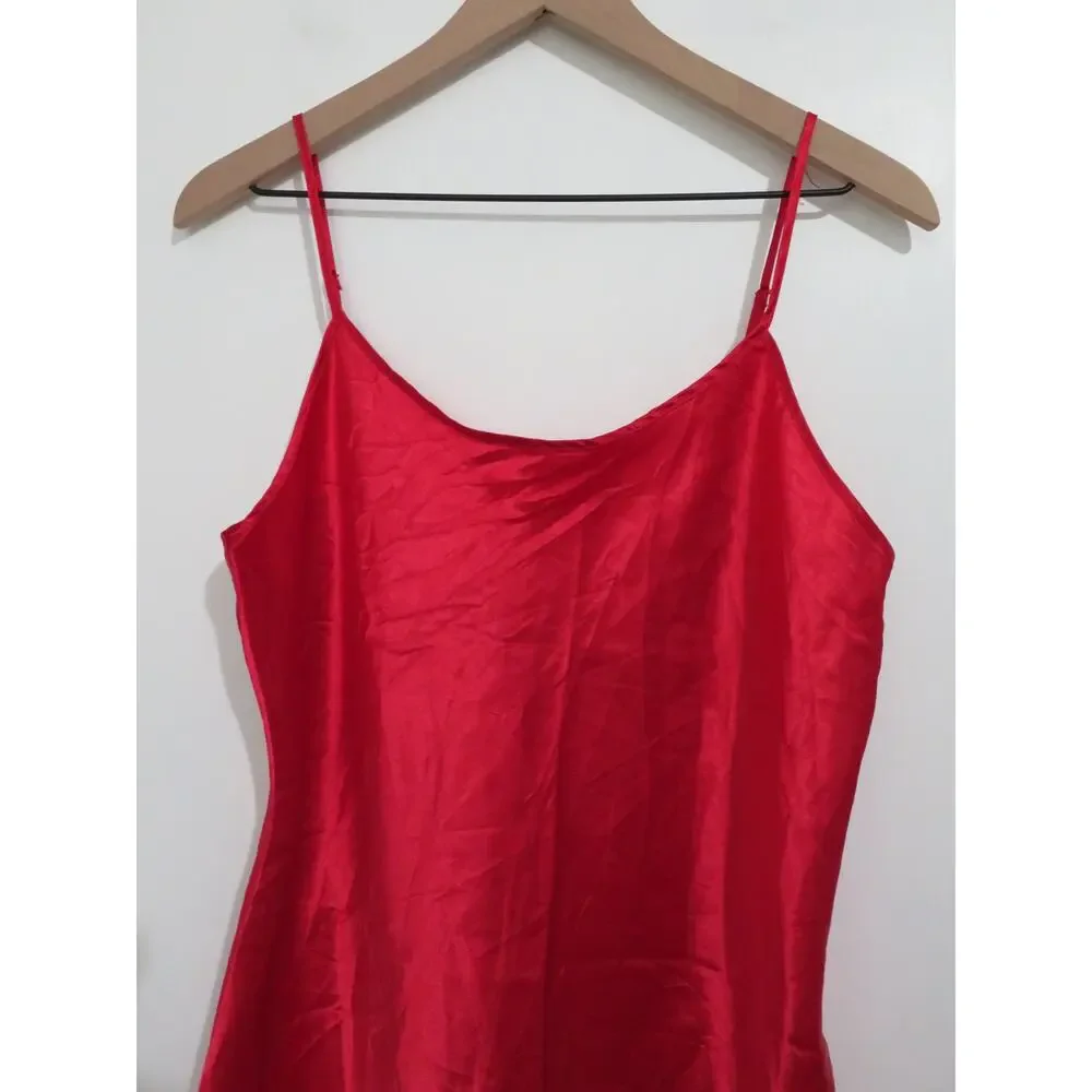 Basic Editions Women Sz L Red Satin Slip Dress Spaghetti Strap Feminine Lingerie